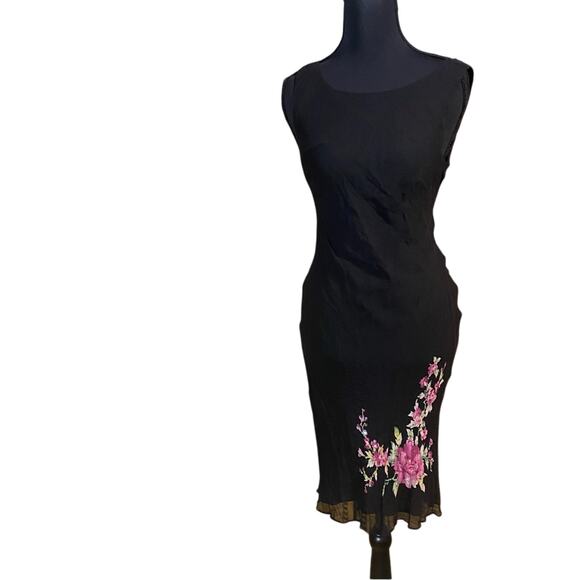 VTG Robbie Lee Y2K 100% Silk Black Floral Dress whimsigoth romantic 8 petite - Picture 1 of 9
